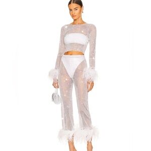 NWT SET $1380 Santa Brands Feathers Pant and top crystal - White M/L